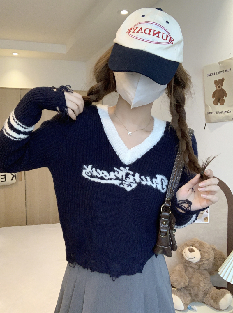 實拍 美式復古學院風軟糯流蘇上衣秋冬短款V領針織衫女衫打底