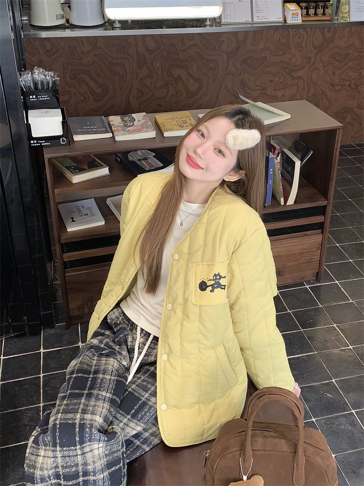 Real shot!  Korean cartoon patch casual cotton coat for women retro back letter printed loose jacket cotton coat