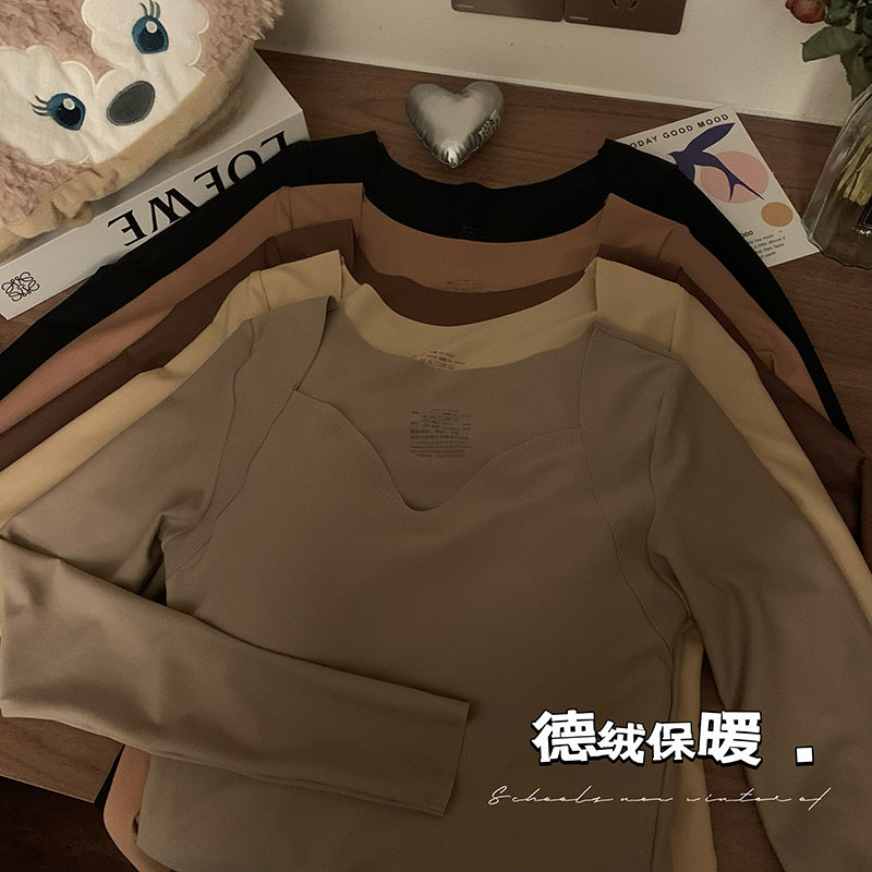 實拍 秋冬新款德絨無痕v領帶胸墊正肩T恤保暖內搭打底衫上衣