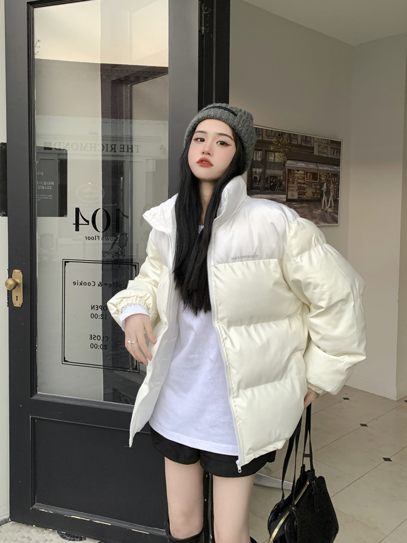 Actual shot~All three standards~Stand-collar long-sleeved down jacket, loose and versatile, thickened cotton jacket