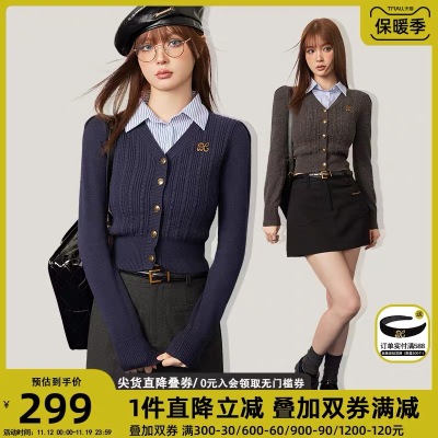 BANANA CICI2023年冬季新款復古學院風假兩件襯衫領針織衫毛衣