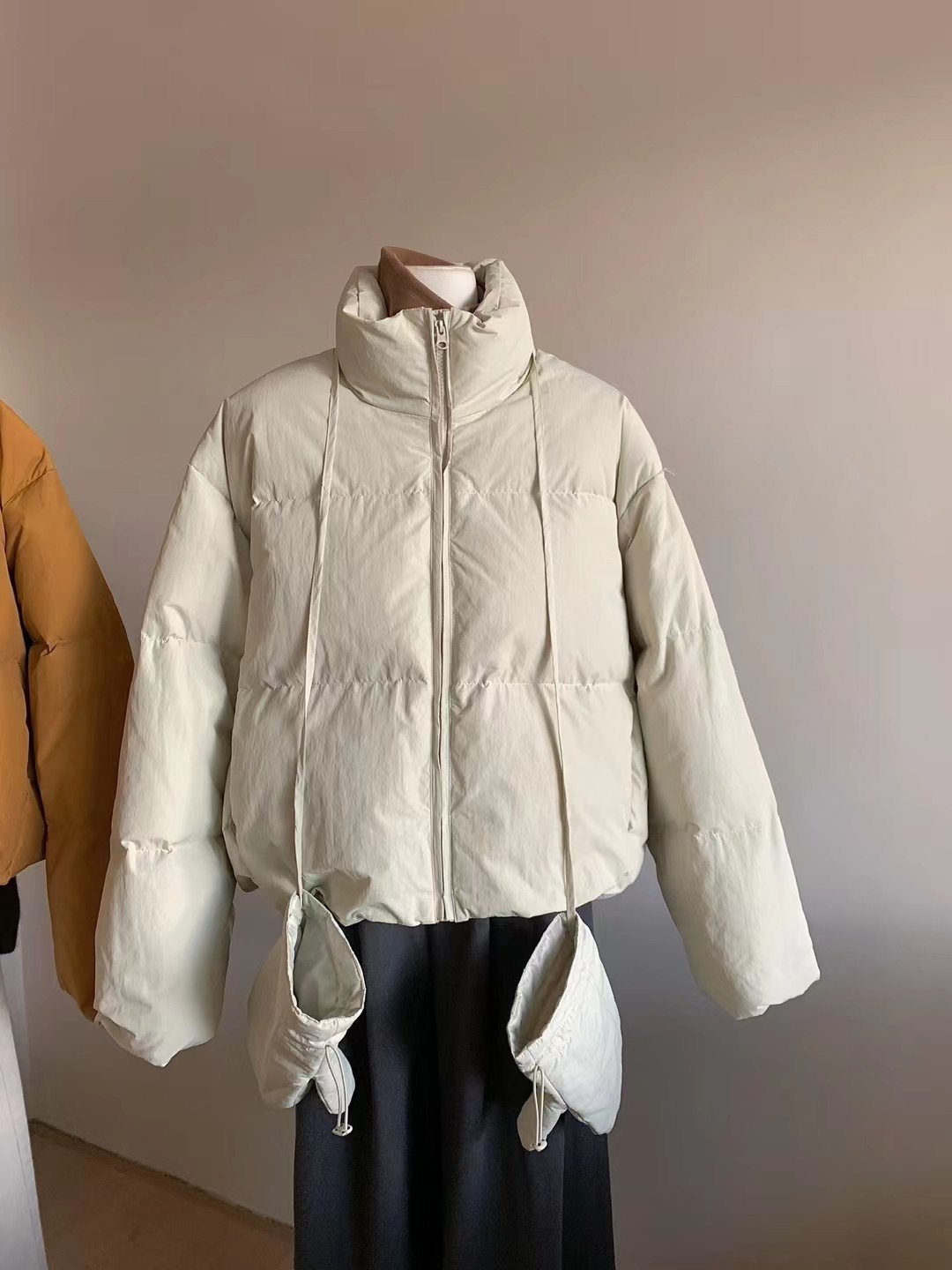 Actual shot ~ 90% white duck down stand-up collar zipper warm down jacket with gloves and bread cotton jacket in winter,