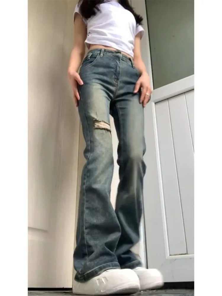 復古藍破洞牛仔褲女秋季新款百搭高腰修身顯瘦寬鬆彈力微喇褲子