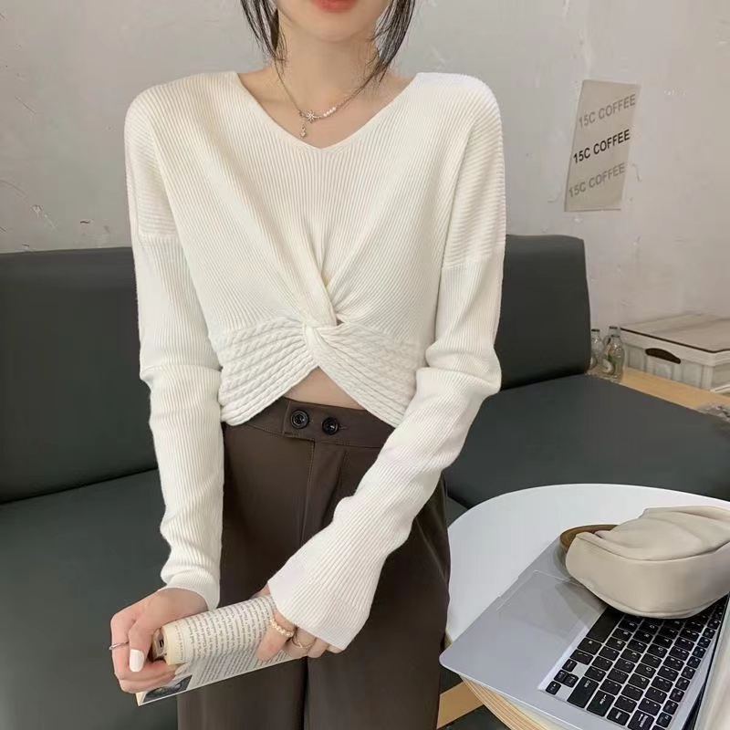 針織衫秋季女2023年新款v領純色長袖內搭打底衫別致 短款外穿上衣