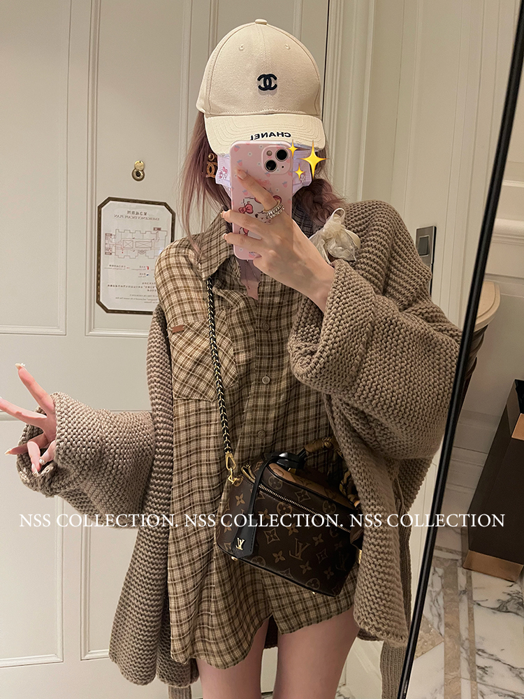 韓版NSSCOLLECTION來杯拿鐵廓形設計感小眾襯衣女秋冬寬鬆格子