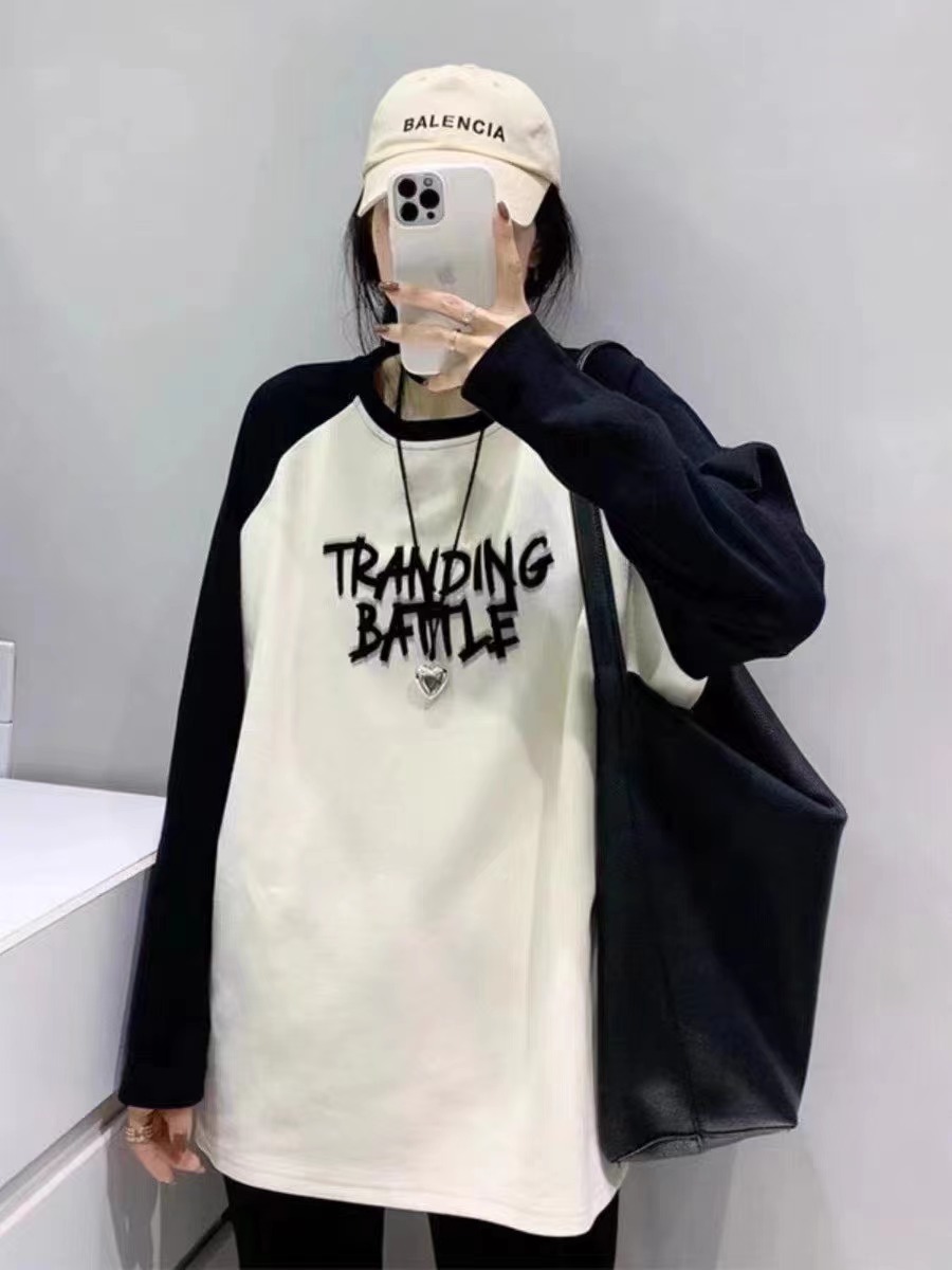 加厚磨毛T恤女2023秋冬新款拼色字母印花插肩休閒寬鬆長袖上衣潮
