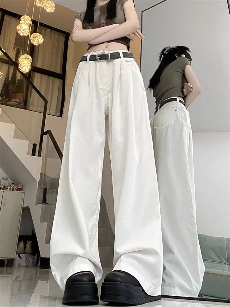 白色高腰闊腿牛仔褲女秋冬新款美式皺褶加絨加厚寬鬆直筒拖地褲子