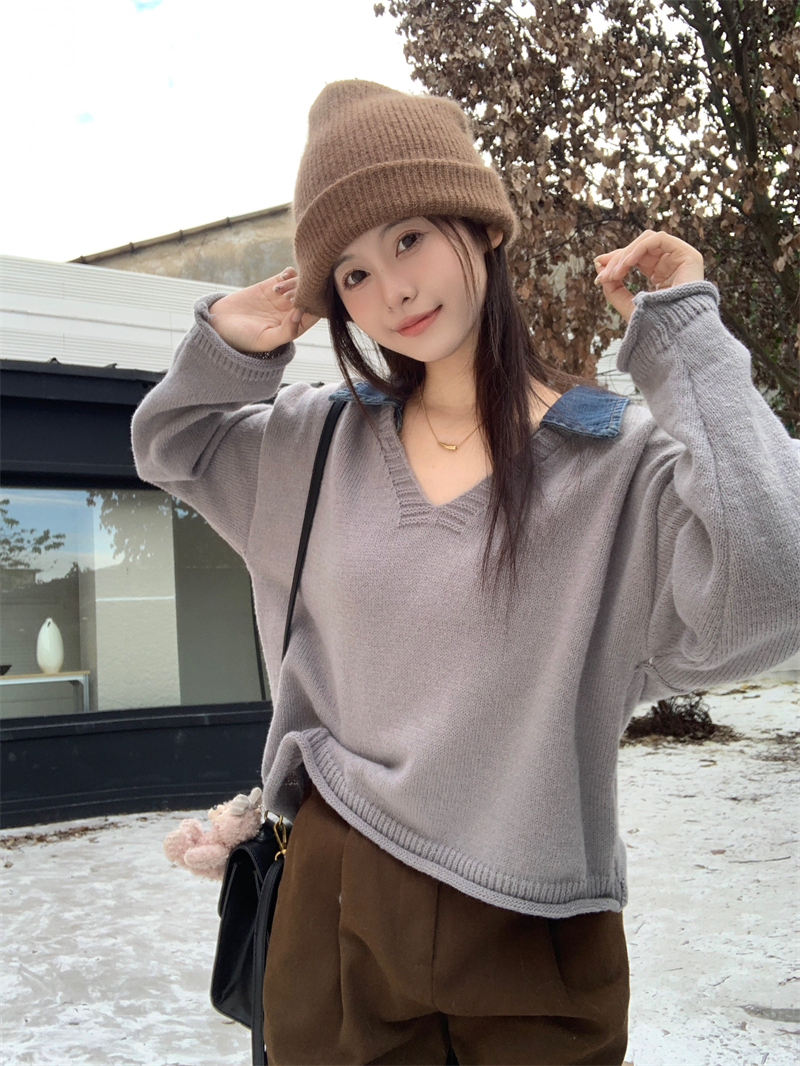 實拍 冬季日系甜美復古牛仔拼接假兩件設計感翻領寬鬆毛衣女
