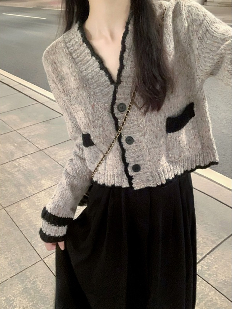 法式小香風氛圍感短款開衫毛衣女2023秋季新款V領針織衫外套上衣