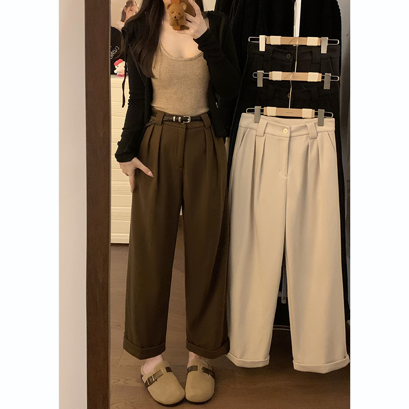 實拍2023秋冬季新款加厚呢子西裝褲闊腿褲女寬鬆個性收腳九分褲子