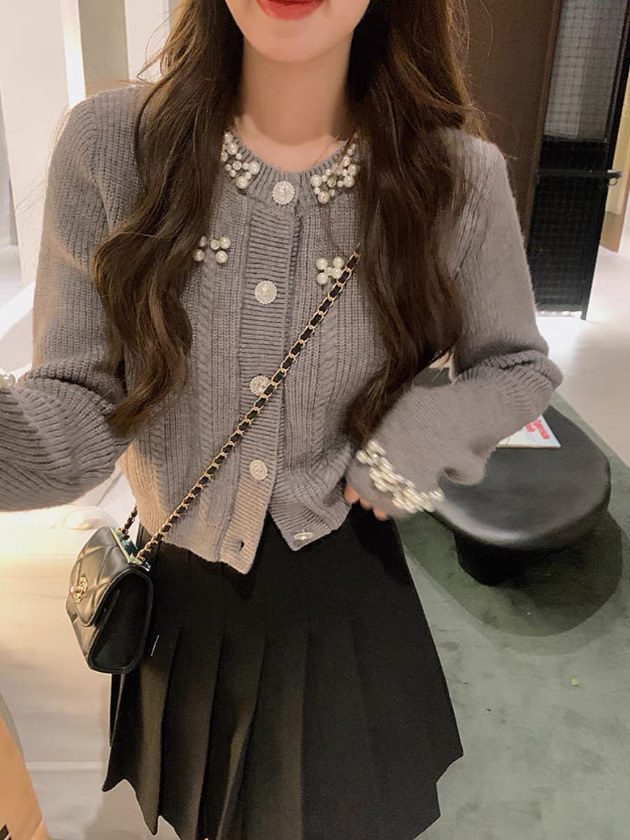 安璃 ANLI 小香風重工釘珠精緻法式針織開衫溫柔甜美毛衣秋冬新款