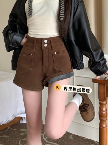 Actual shot #New velvet thickened jeans for women, high waist design, two buttons, a-line hot girl shorts
