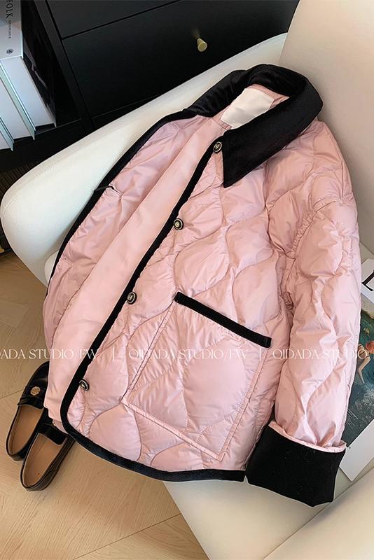 Korean fashion design small fragrance style lining spliced ​​lapel rhombus thickened cotton jacket