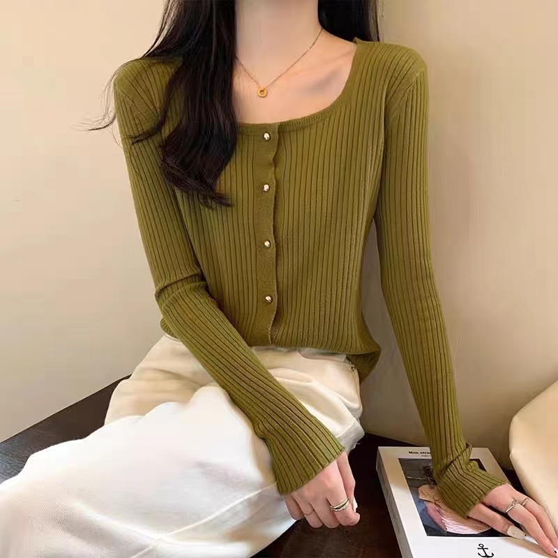 方領針織開衫上衣女春秋2023新款洋氣長袖內搭薄款外穿毛衣打底衫