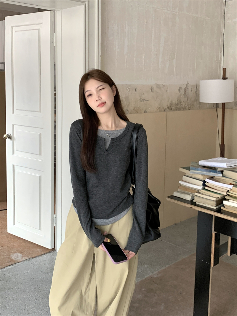 實拍；四季可穿簡約寬撞色假兩件修身顯瘦長袖TEE
