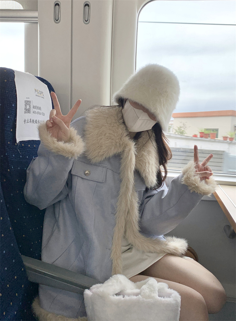 Real shot ~ Suede jacket short coat women's autumn and winter new thickened quilted loose fur one-piece coat