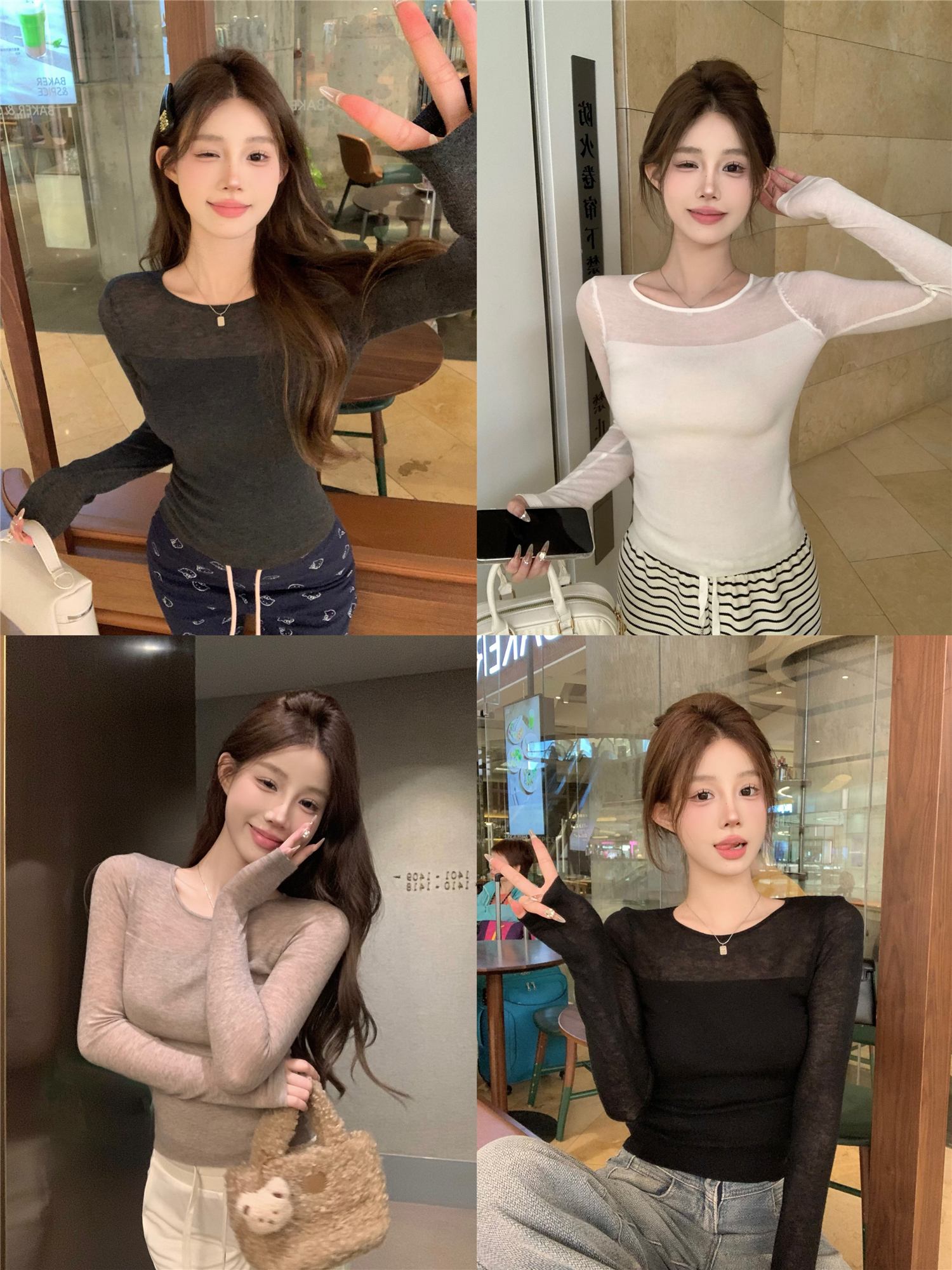 Actual shot ~ Round neck spliced ​​long-sleeved knitted bottoming shirt, Korean style slimming and slimming inner top