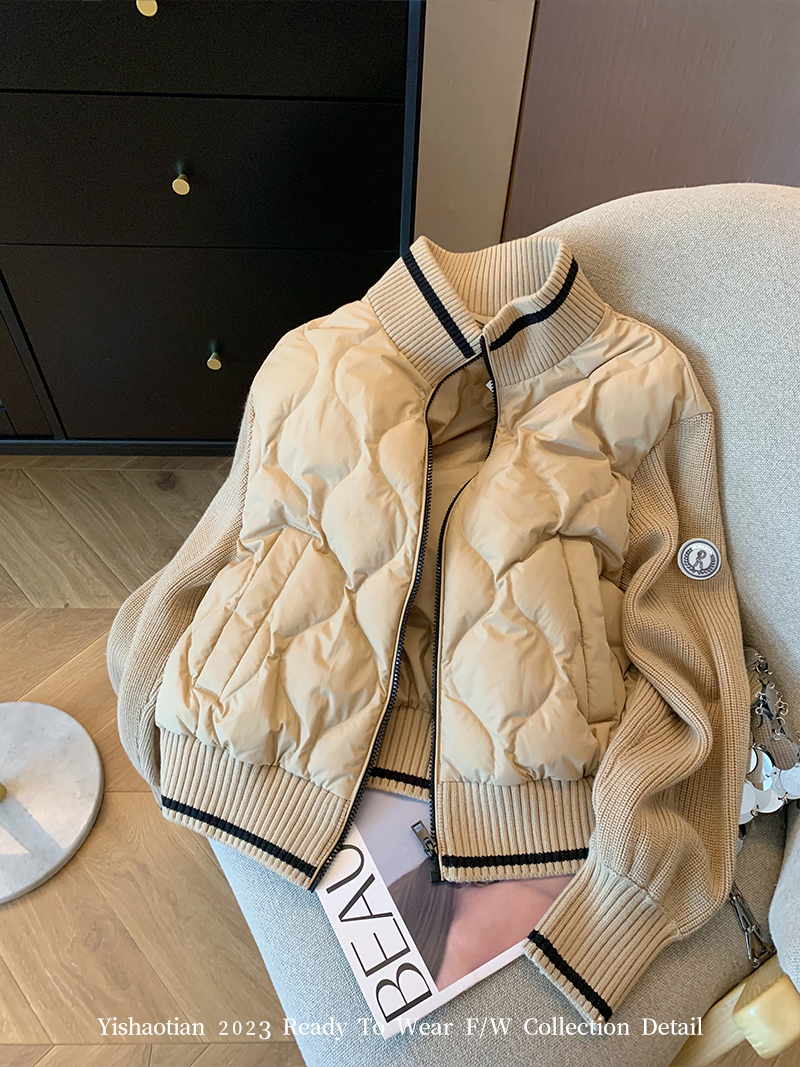 Khaki stand-up collar stitching knitted rhombus cotton jacket for women autumn and winter 2023 retro loose and versatile lightweight quilted jacket