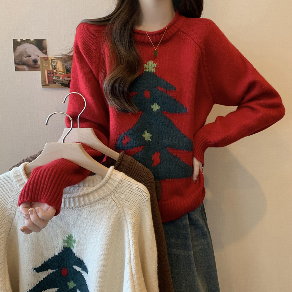 實拍大碼女裝2023冬冬新款紅色聖誕節毛衣聖誕樹寬鬆顯瘦毛針織衫