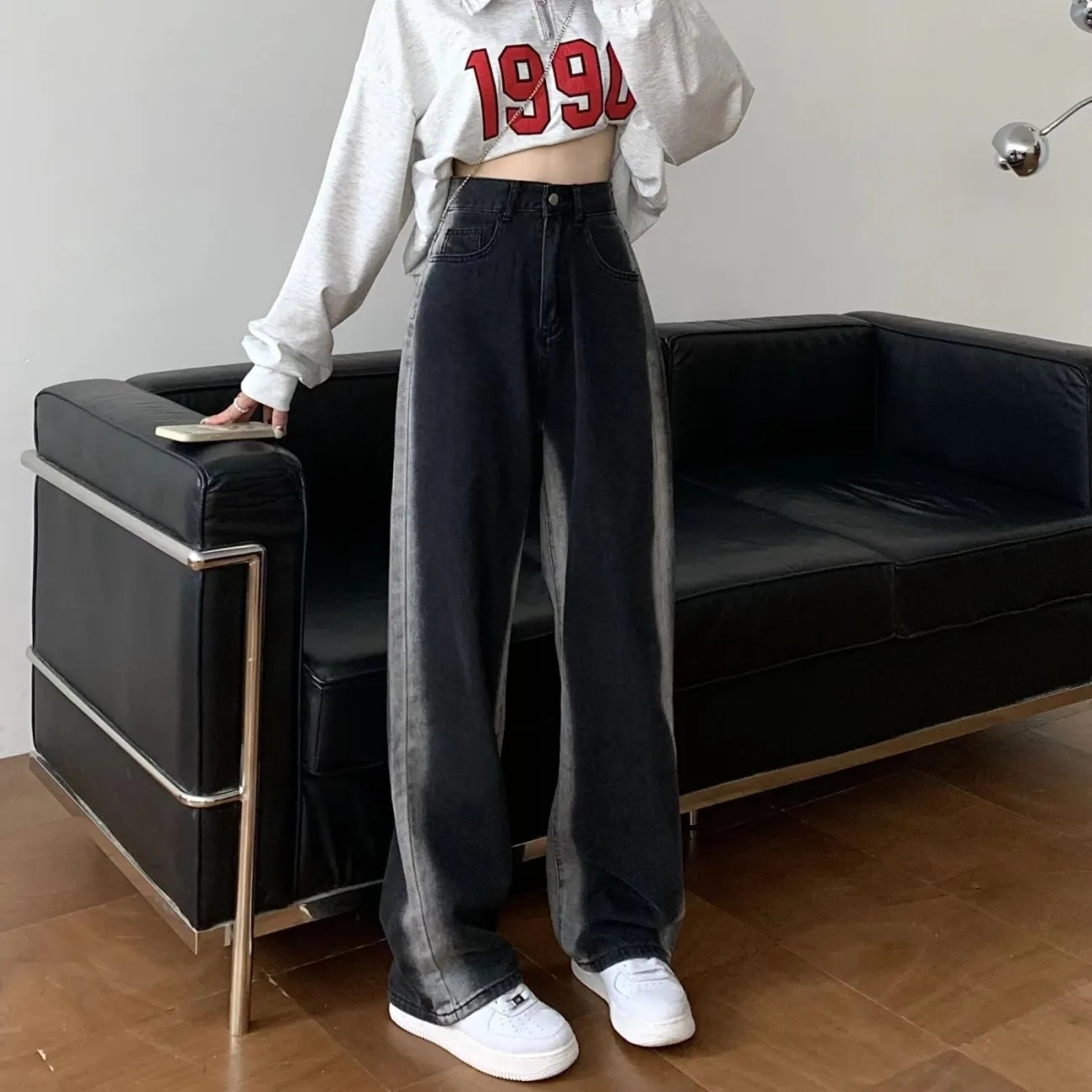 黑色漸變直筒牛仔褲女高腰大碼胖mm寬鬆顯瘦設計感小眾闊腿褲