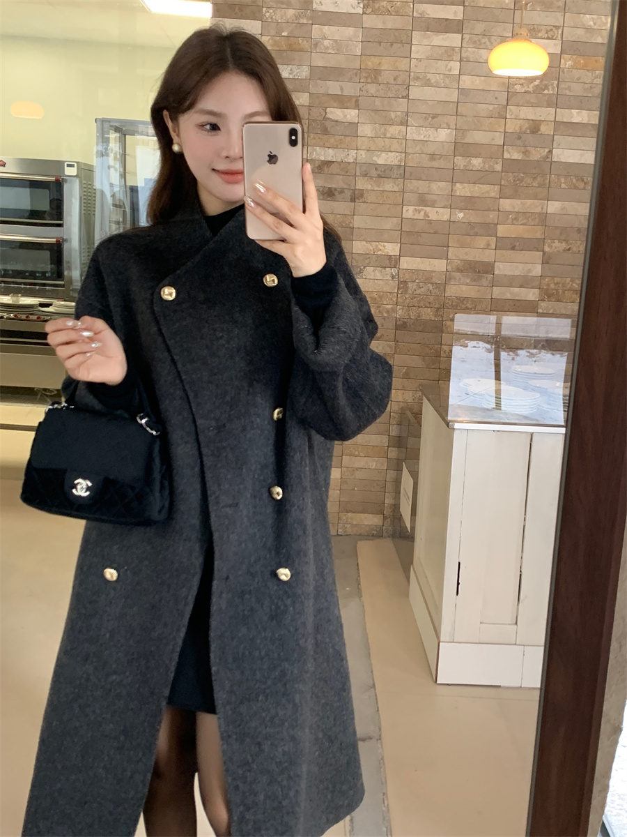實拍！簡約立領毛呢大衣中長款雙排扣過膝寬鬆夾棉呢子外套