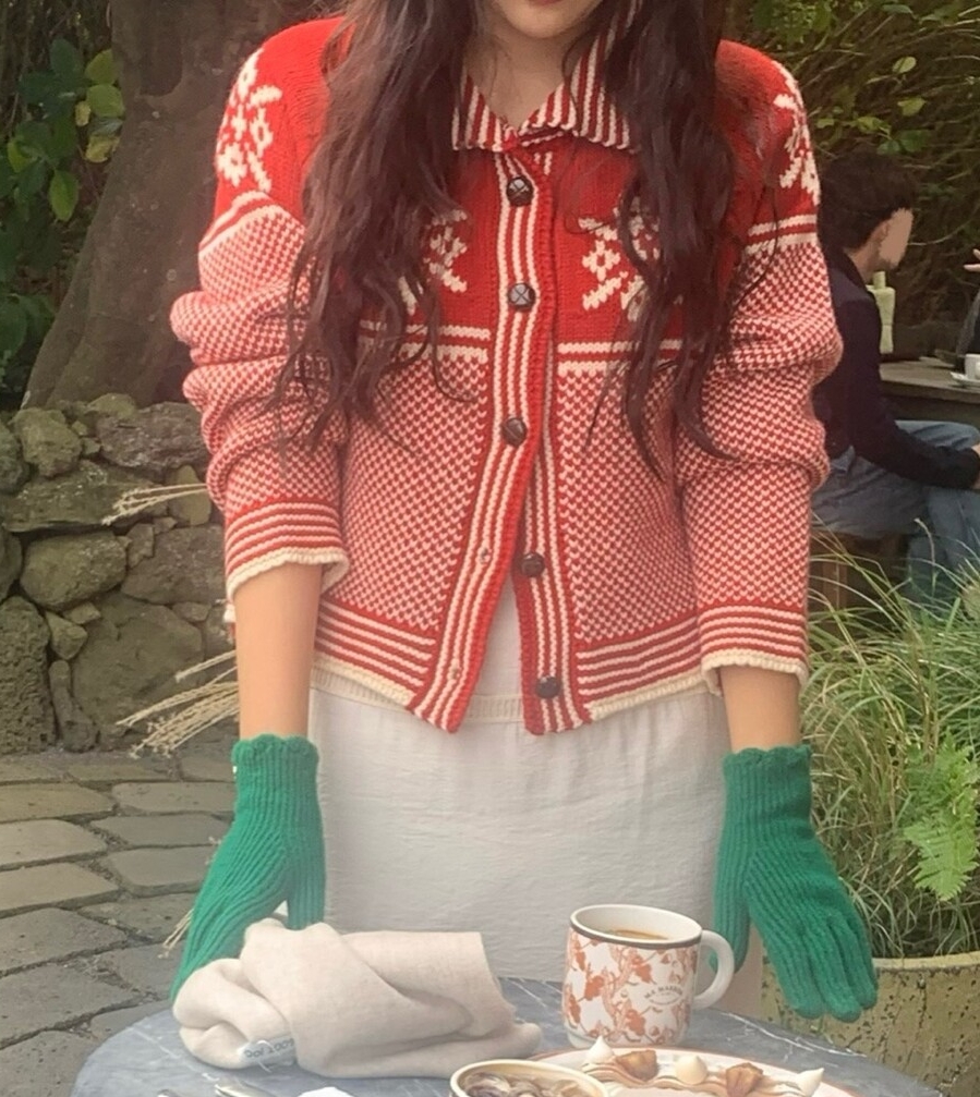 INS韓國東大門！聖誕新年紅色毛衣女高級感復古提花翻領長袖外套