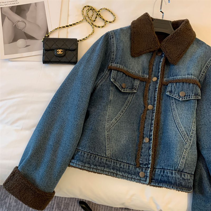 Lamb wool plus velvet thickened denim jacket for women autumn and winter new Korean style loose and versatile warm cotton coat