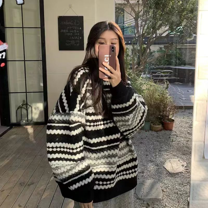 港味慵懶風條紋套頭毛衣女寬鬆大碼秋冬寬鬆韓版針織衫長袖上衣潮