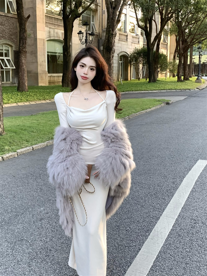 實拍 仿羊絨方領掛脖連衣裙女修身收腰長裙氣質長款裙子