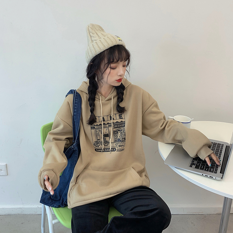 加絨加厚衛衣女秋冬季新款韓版原宿bf慵懶風寬鬆套頭連帽上衣服