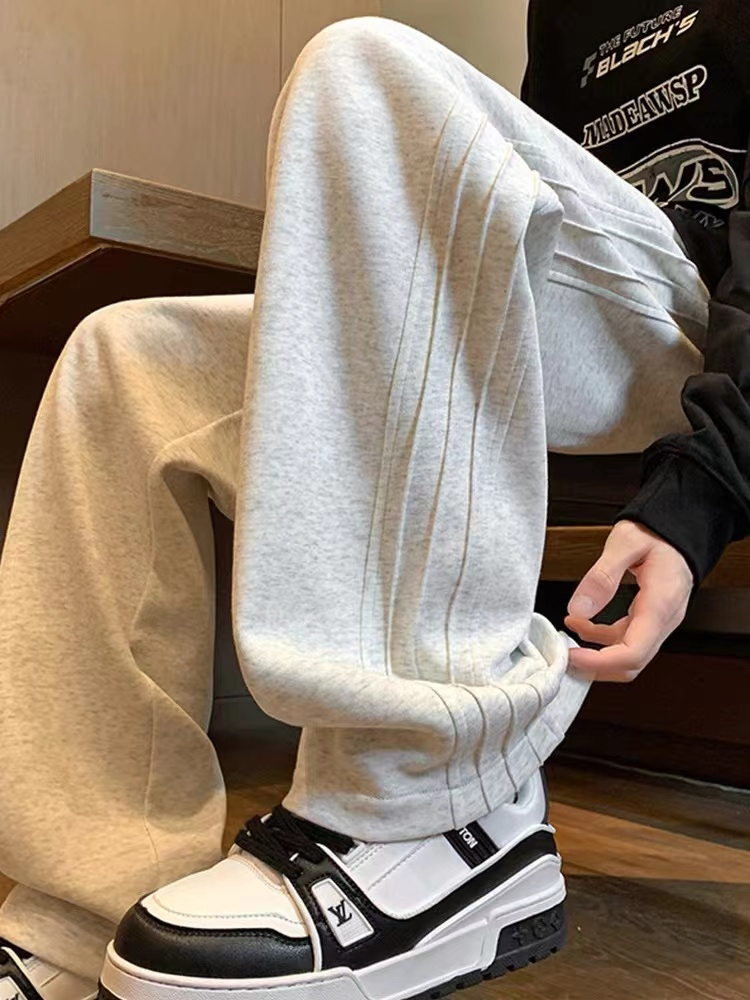 華棉複合 休閒衛褲美式復古灰色闊腿褲子運動長褲