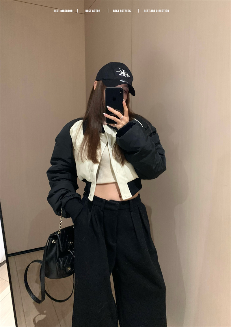 Actual shot of homemade new style~Korean version of American loose short color-blocked cotton-padded jacket