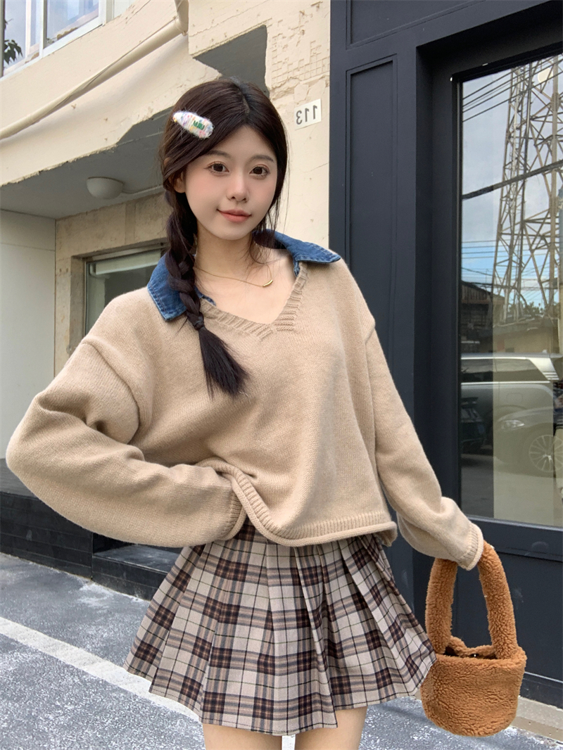 實拍 冬季日系甜美復古牛仔拼接假兩件設計感翻領寬鬆毛衣女
