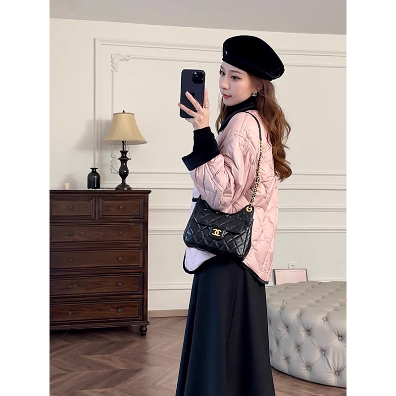 Official photo with lining polo collar rhombus style cotton coat for women winter loose bread coat for women