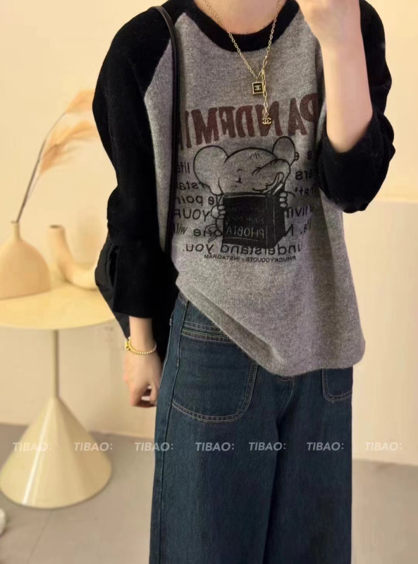 Elephant letter raglan sleeves contrasting German velvet brushed plus velvet long-sleeved T-shirt for women in autumn and winter loose bottoming shirt with trendy inner