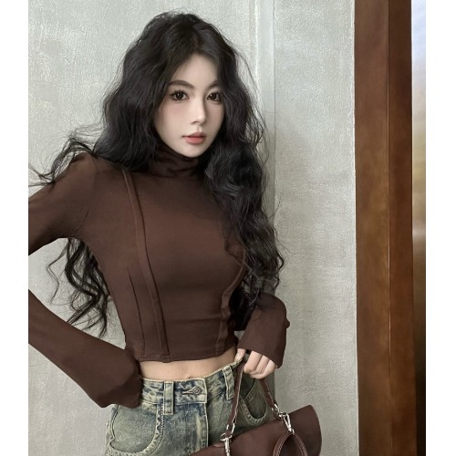 設計感小眾新款高領長袖t恤女秋冬修身內搭打底高腰短款上衣潮