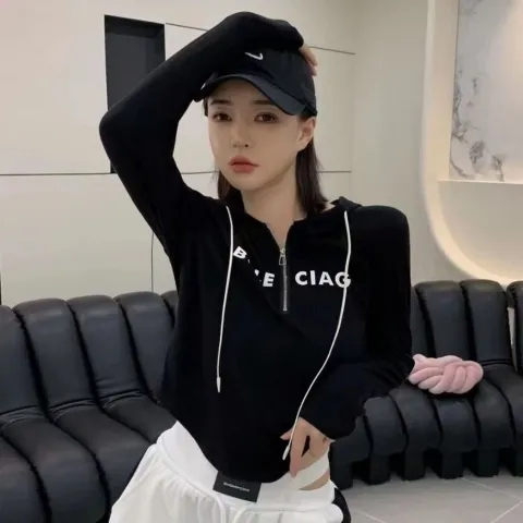 100%純棉字母印花薄款長袖t恤女修身短款連帽上衣秋季體恤潮