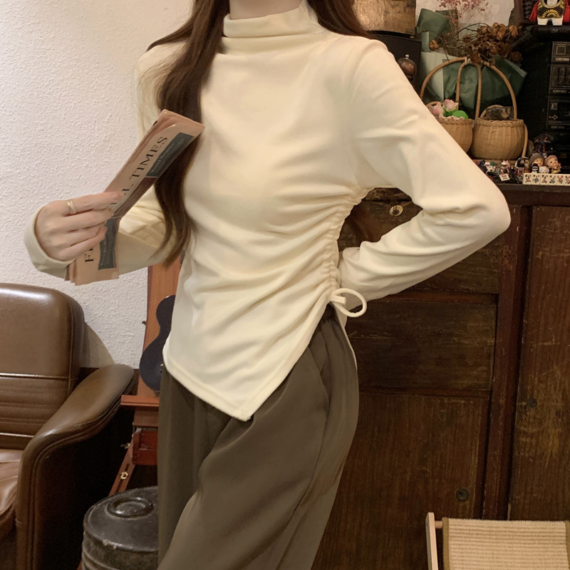 春秋冬半高領修身短款褶皺長袖t恤女加厚保暖內搭德絨打底衫上衣