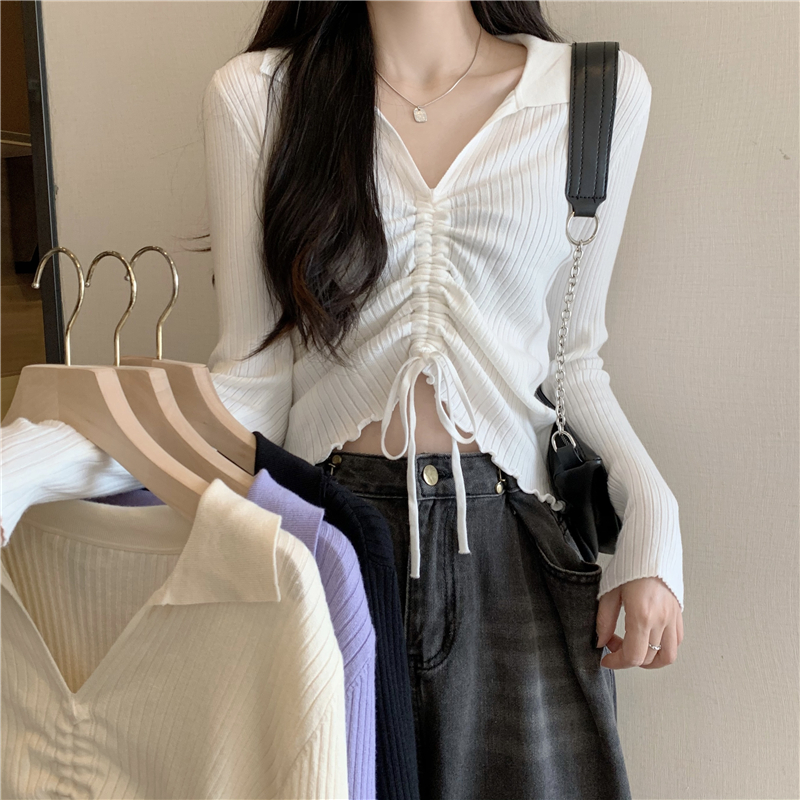 Real shot Polo collar soft waxy drawstring V-neck versatile long-sleeved knitted bottoming shirt T-shirt top for women
