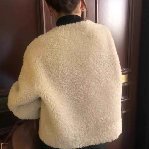 Sheep wool short coat for women 2023 new winter Korean style loose collarless long-sleeved top for small people to look slim