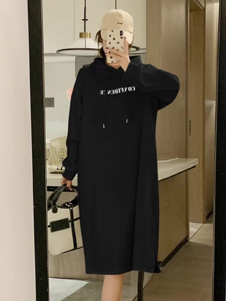 Lazy style long-sleeved casual dress for women autumn and winter plus velvet 2023 new small hooded sweatshirt dress mid-length