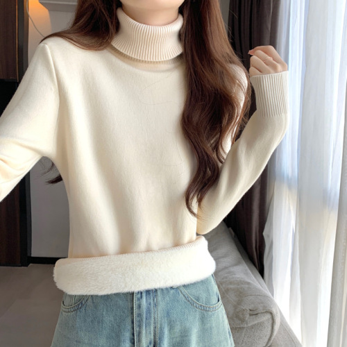 Actual shot of the new Korean style plus velvet and thickened one-piece mink velvet turtleneck long-sleeved sweater