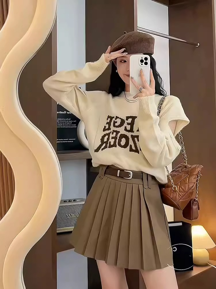 設計感小眾套頭毛衣女秋季新款小個子字母露肩短款外穿針織衫上衣
