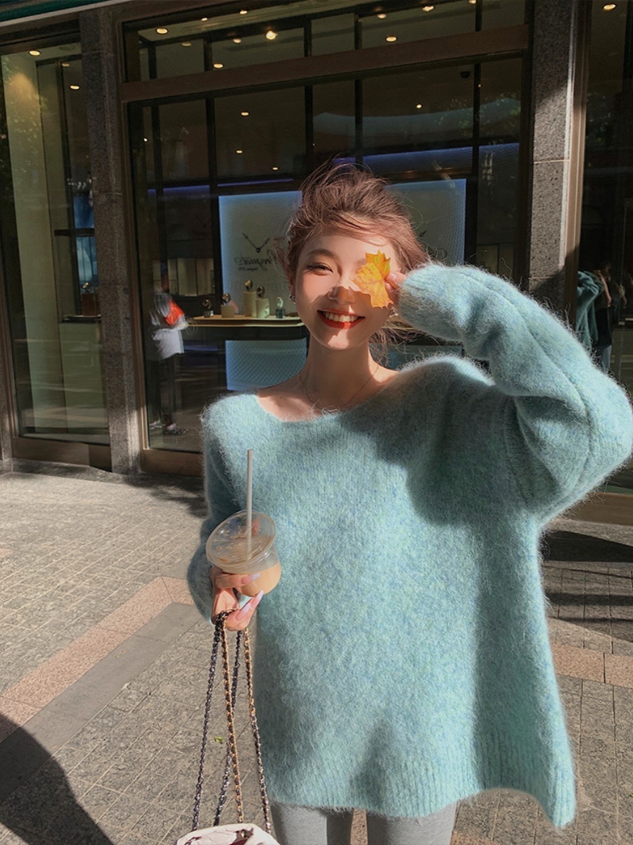 高級感溫柔風仿水貂絨長袖針織衫女秋冬季奶fufu軟糯套頭外穿毛衣