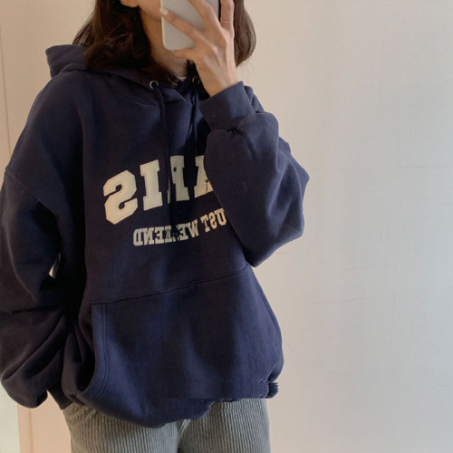 Navy blue velvet thickened little oversize lazy style sweatshirt for women autumn and winter loose hooded top jacket