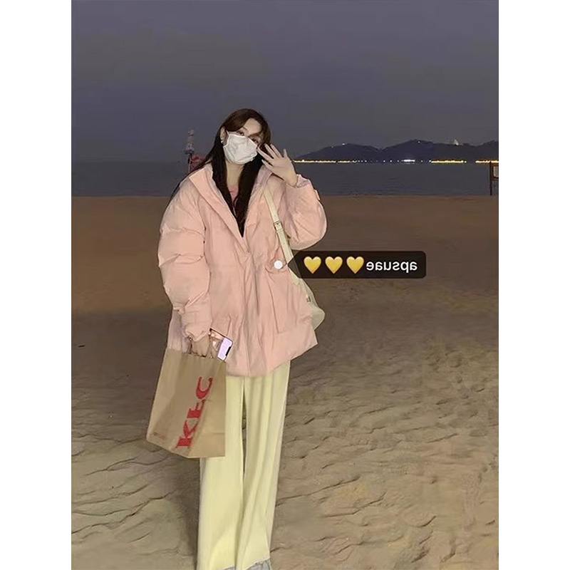 太值得入手！粉色麵包羽絨服女冬季寬鬆溫柔連帽棉衣棉服外套棉襖