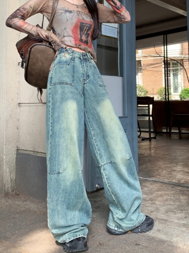 Actual shot#High-waisted wide-leg denim trousers for women, designed washed pocket straight loose floor-length trousers