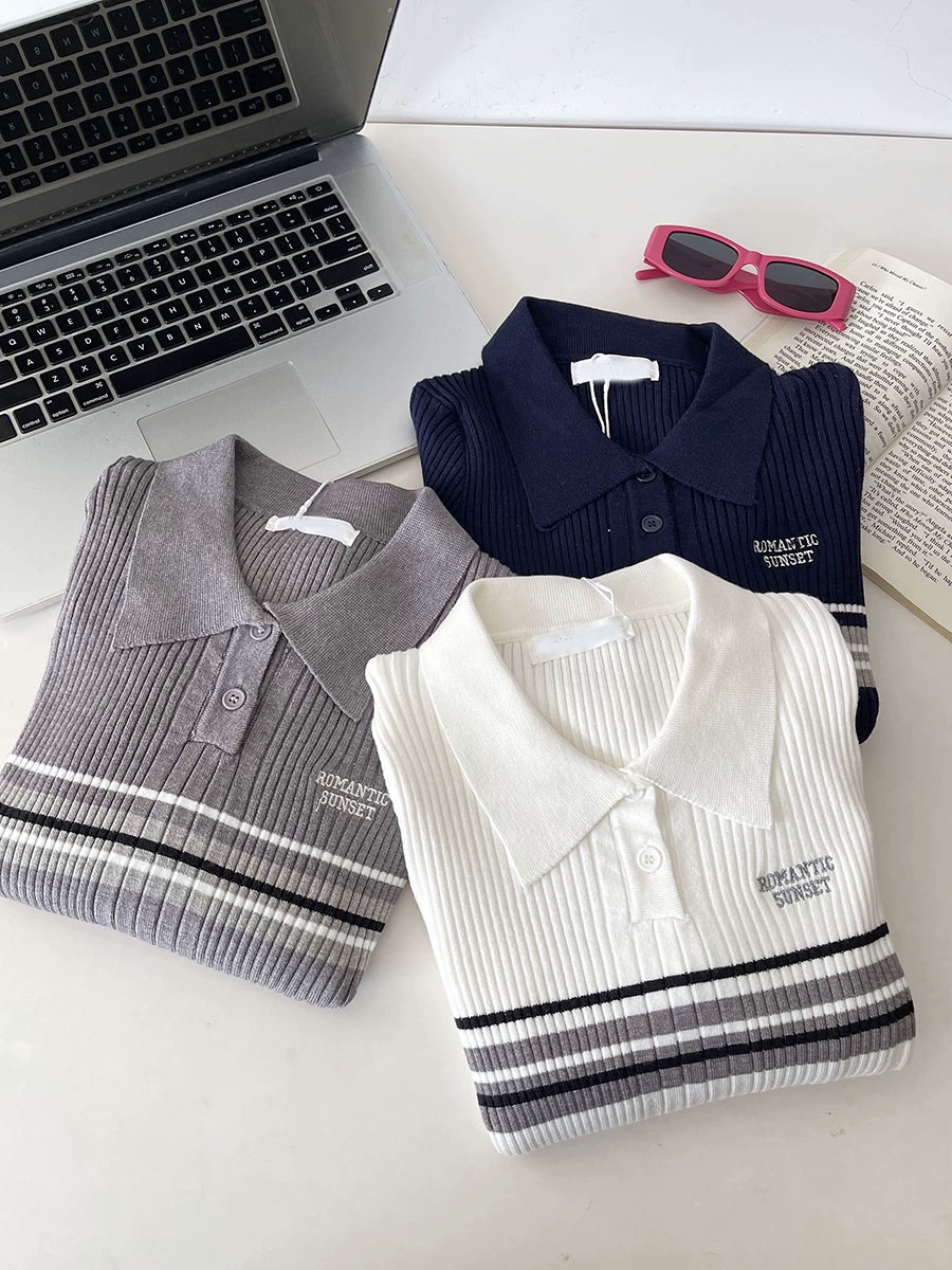 RENA韓系美拉德字母刺繡條紋翻領套頭百搭顯瘦修身長袖毛針織衫