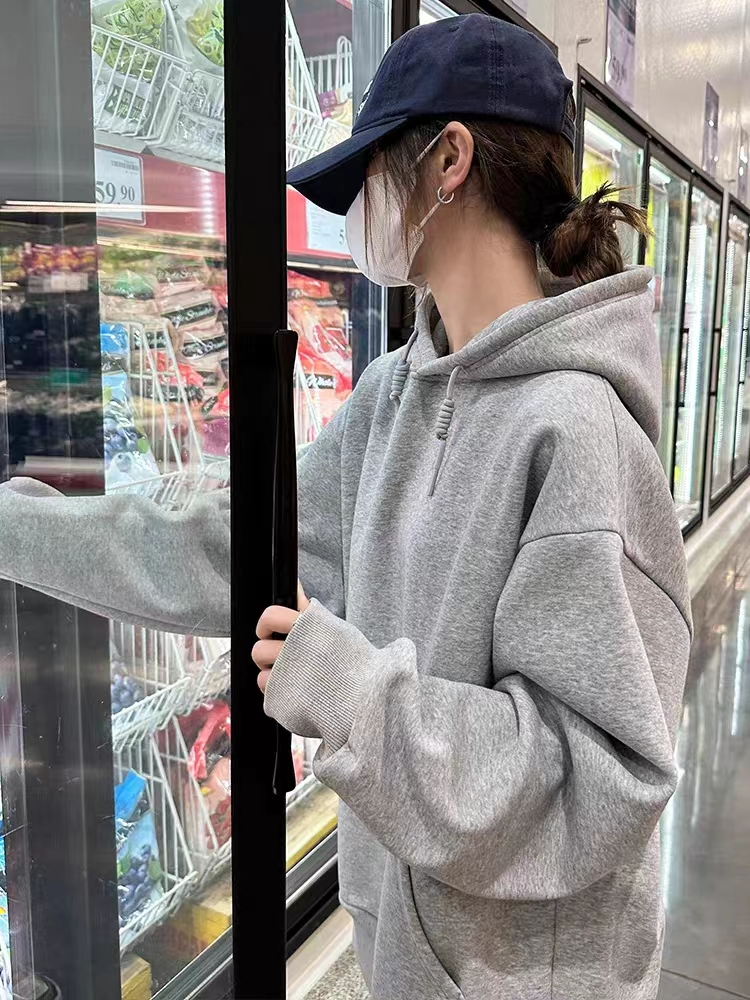 Cream apricot solid color hooded sweatshirt women's lazy style loose mid-length top hoodie