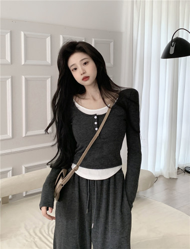 Real shot~Autumn and winter suit thickened brushed fake two-piece long-sleeved T-shirt top + narrow leg casual trousers